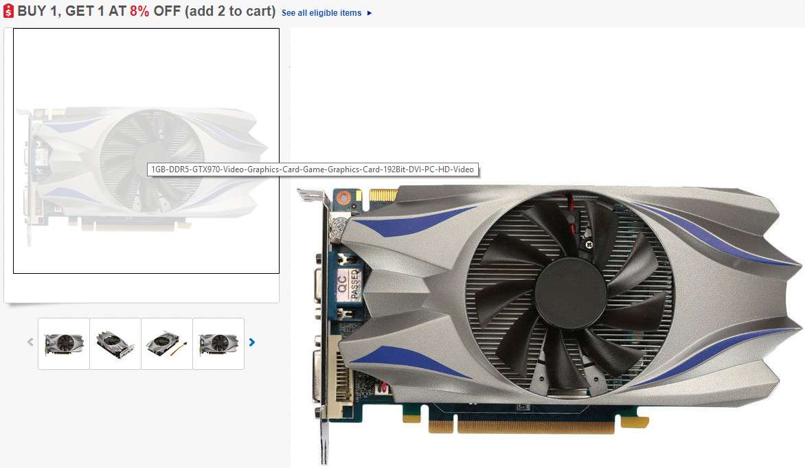 screenshot z obchodu ebay, kde je na obrázku fotografie grafické karty GTX 550 TI PCI-express s přeznačeným biosem na GTX 970, jednoventilátorovým chlazením uprostřed a SLI můstkem, VGA konektorem, DVI a TV výstupem a s přídavným 6pinovým napájením