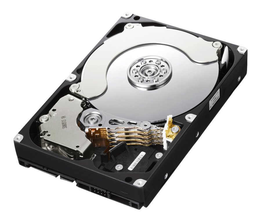 pohled na rozebraný harddisk, ve kterém jdou vidět čtecí hlavičky, plotny, motorek.
