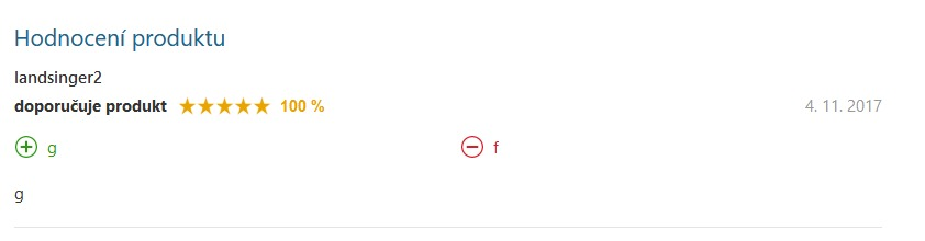 Uživatel u recenze ke sluchátkám vložil do plusek pouze písmeno g, do mínusek produktu písmeno f a do poznámek písmeno g, nic víc.