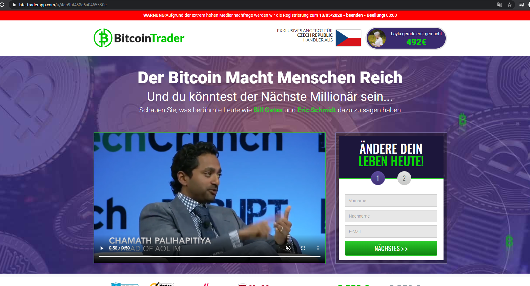 Ukázka po přesměrování na falešný web propagující registraci na zvláštní falešnou burzu BitcoinTrader, kde je sestříhané video jak mluví různé miliardáři, včetně např. J. Mcaffeeho atd...