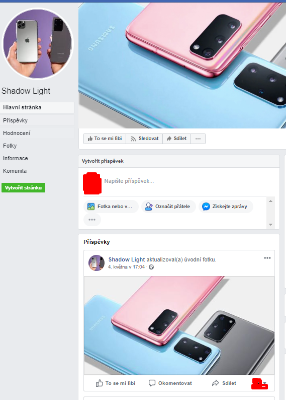 Screenshot facebookové stránky Shadow Light, na které jsou jen v záhlaví fotografie chytrých telefonů, téměř žádný popisek, žádné příspěvky, žádné komentáře, naprosto prázdná, čistě založená stránka