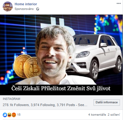 Verze facebookové reklamy s petrem kellnerem, za jehož zády je vidět SUV značky Mercedes, imaginární bitcoinové mince a modrá mřížka grafu