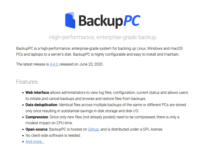 backuppc screenshot hlavní stránky webu https://backuppc.github.io/backuppc/