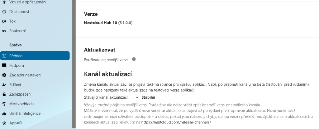 ukázka v administraci cílové funkční verze NExtcloud HUB 10 (31.0.0)